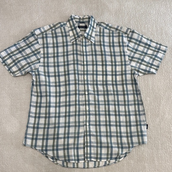 Nautical Men’s XL Short Sleeve 55% Linen Button Down Green & Blue Plaid Office - Picture 1 of 12